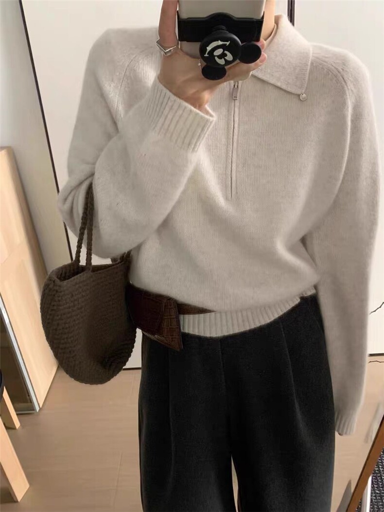 2025年秋季新款贝壳扣翻领针织上衣时尚休闲通勤百搭，女装针织衫/毛衣，恒恩羊绒