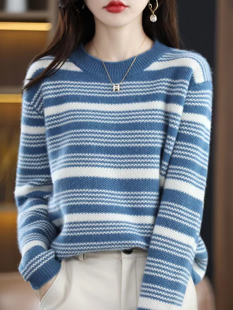 2024冬季条纹拼色羊毛衫女宽松圆领毛衣女加厚上衣针织打底衫,女装羊毛衫,千御纺羊绒