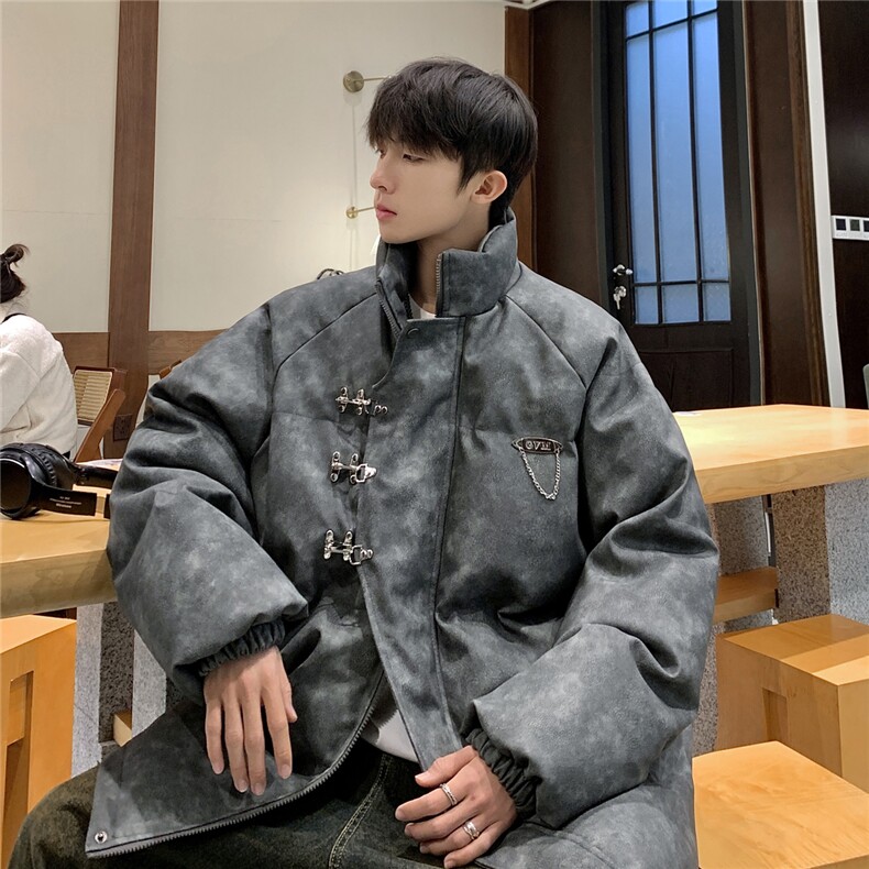 港风立领PU皮复古做旧面料金属飞机扣设计棉衣男MY77726P148控198，男装棉衣，星座227-7