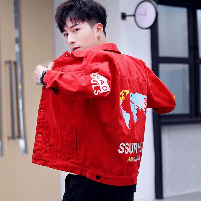 2020秋季青年破洞牛仔刺绣夹克外套男学生棒球服上衣J,男装夹克,A067