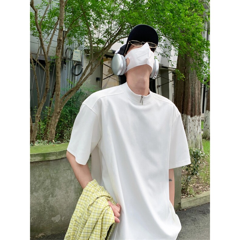 网图有货夏季宽松高级感白色半拉链设计感短袖t恤男A488-P38,男装T恤,星座1505