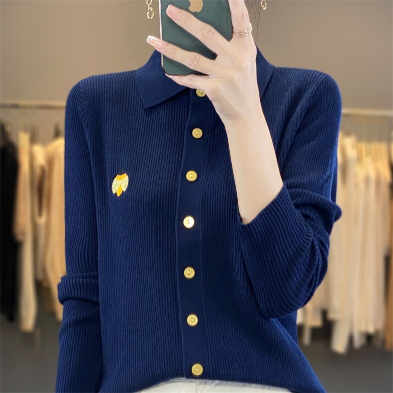 法式甲壳虫刺绣POLO薄款针织开衫女春秋宽松显瘦翻领羊毛外套,针织衫/毛衣,雪真羊绒