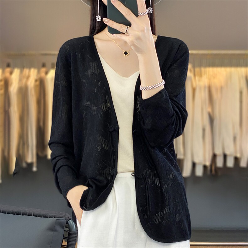 冰丝镂空V领针织开衫女新中式盘扣立体花朵夏季薄款空调衫防晒衫,针织衫/毛衣,暖烁羊绒