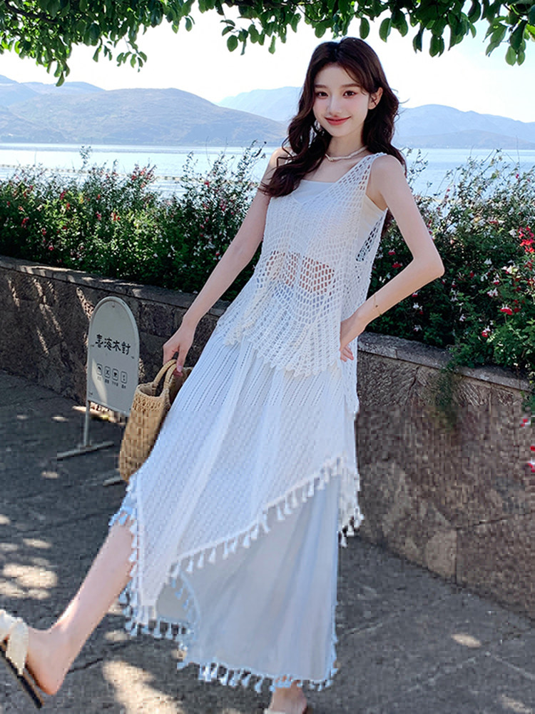 波西米亚度假风套装裙女2025夏新款镂空马甲背心流苏半身裙三件套,女装套装/套裙,浙宝220