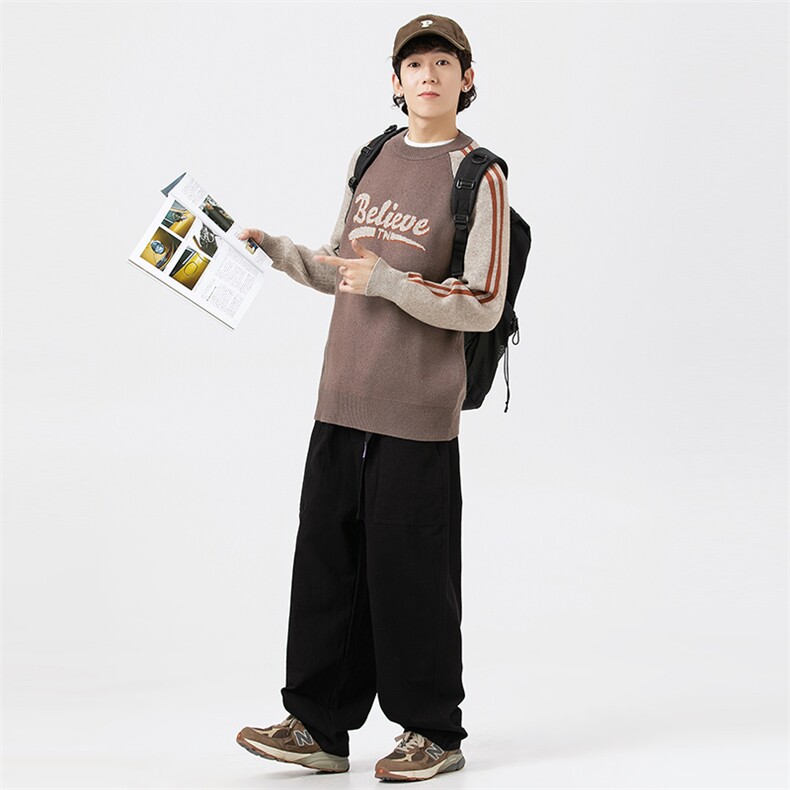 外27-2GANYOU日系撞色字母落肩袖套头针织衫M16-P79,男装针织衫/毛衣,新杭派外27-2