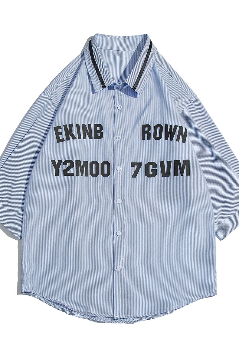 1白底竖条纹大码M-5XL日系潮流情侣七分袖衬衫男QCS7018P45控59,男装衬衫,星座226-2