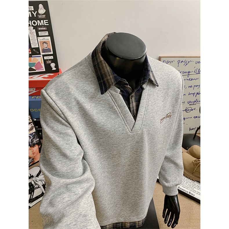 假两件卫衣男秋冬拼接衬衫领学院风上衣外套WY3658-特P38加绒P40,男装衬衫,电商B295
