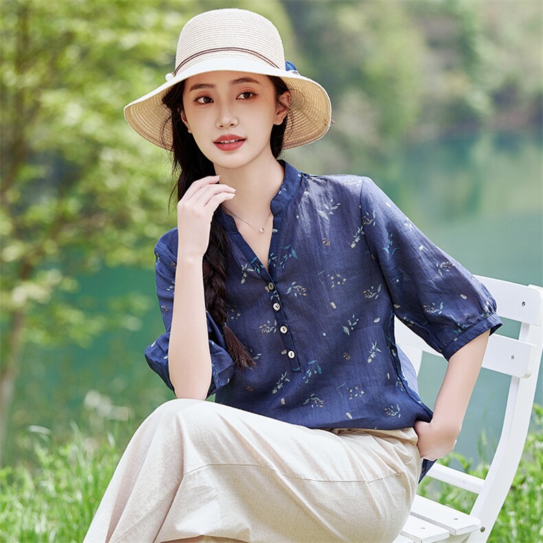 文艺风2026年夏季文艺/优雅短袖宽松型亲肤透气薄款常规苎麻女,女装衬衫,江南依恋