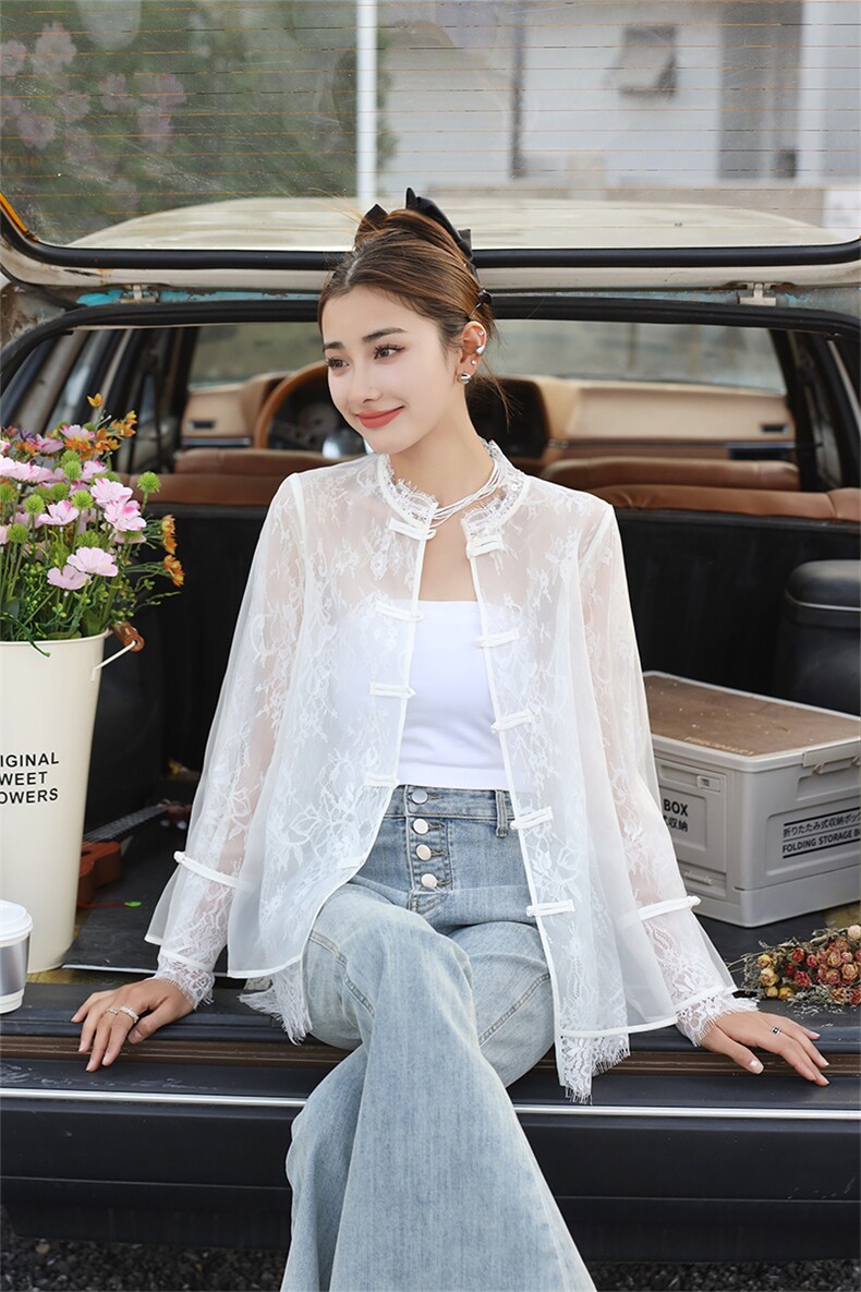 2025防晒衣女夏季新款复古盘扣风蕾丝开衫外套外搭空调衫,女装蕾丝衫/雪纺衫,2C091