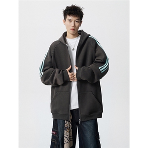 8XL-M秋冬美式运动三条杠条纹开衫卫衣连帽特大码宽松JK5206/P65图片