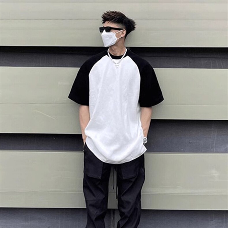 抖音得物高品质二开240克宽松纯棉美式潮牌插肩袖拼接短袖T恤，男装T恤，电商A486