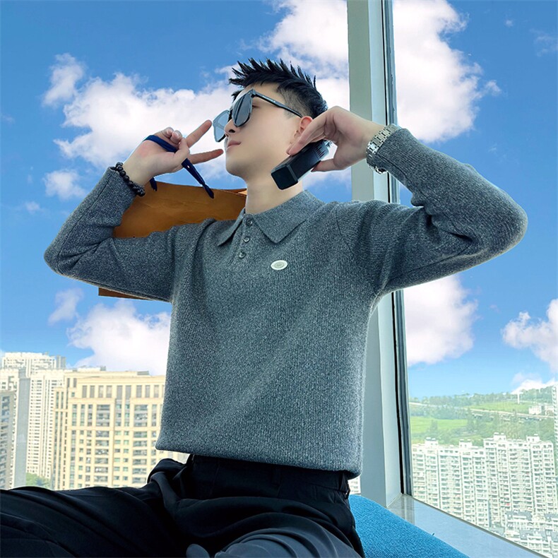 AM299/P85控115秋冬季社会小伙翻领贴标韩式百搭休闲毛衣男浅灰首,男装针织衫/毛衣,星座305B-1