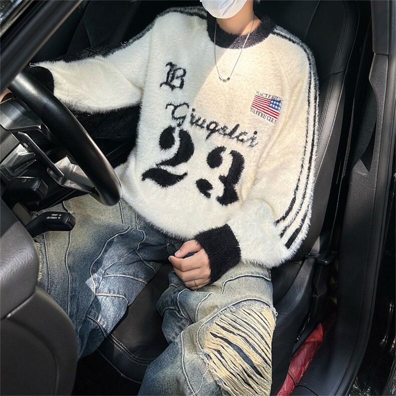 美式复古足球休闲运动风毛衣男女秋冬季情侣圆领球衣风针织衫ins,男装针织衫/毛衣,星座505-2（原电商A260-1)