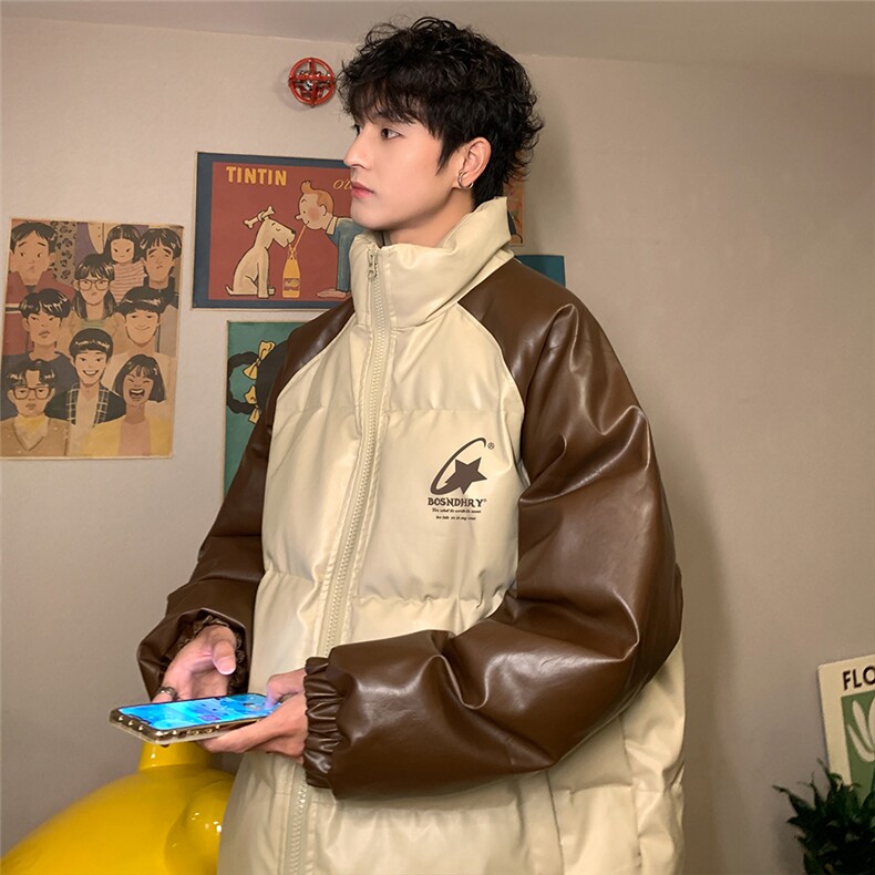 港风23冬季时尚百搭宽松字母印花PU皮棉服外套MY65201P125控168,男装棉衣,电商A268A