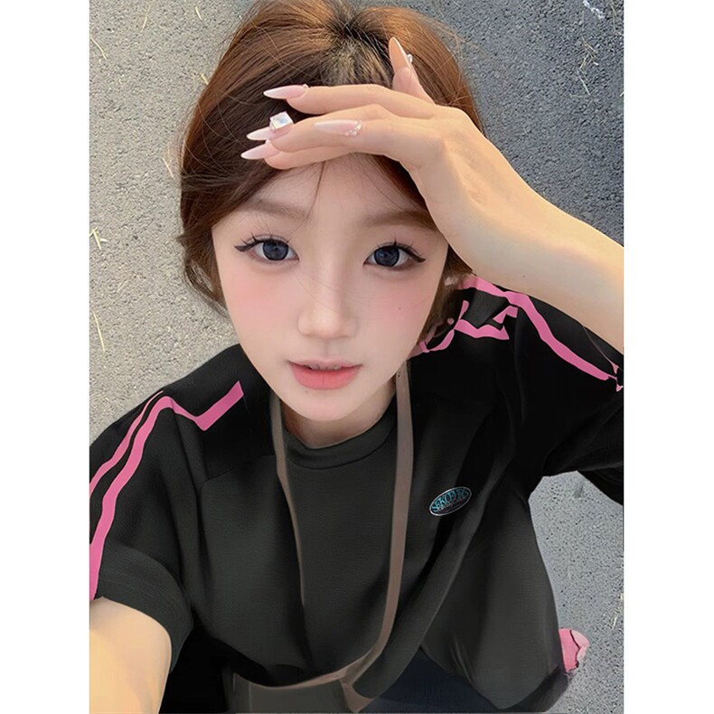 抖音得物品质二开240克宽松纯棉美式潮牌印花三条杠中性风短袖T恤,男装T恤,电商A486-1