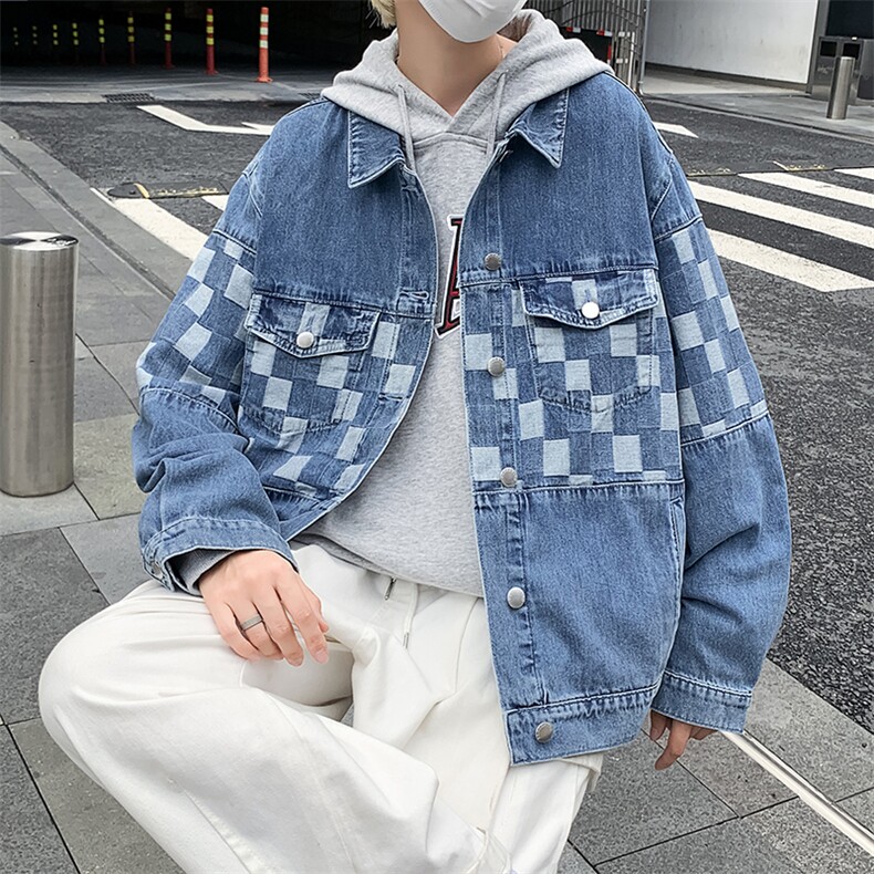 棋盘格拼接牛仔外套高街ins潮休闲百搭秋季夹克上衣JK052-P65,男装夹克,星座308B-1