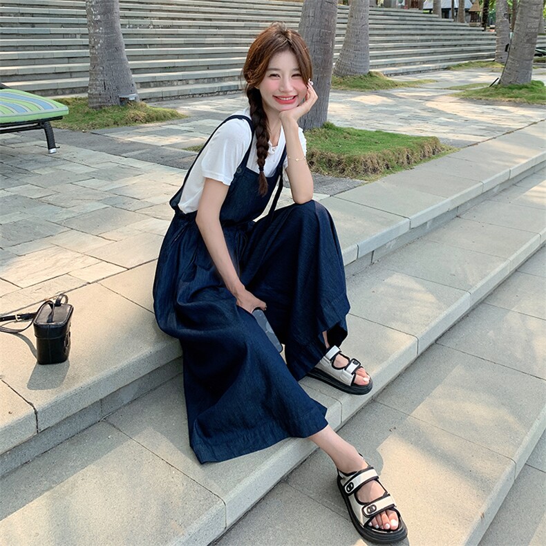 深蓝色复古牛仔背带裤套装女2025夏新款高腰显瘦T恤阔腿裤两件套,女装套装/套裙,2C133