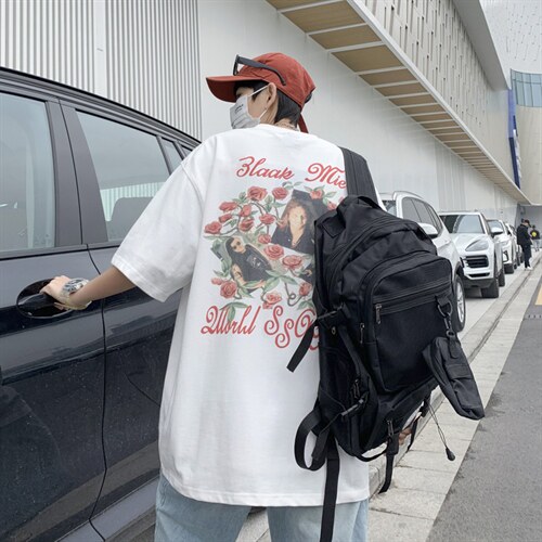 夏季复古做旧玫瑰花短袖男夏季潮牌情侣宽松五分袖T1074-P32，男装T恤，星座512-2