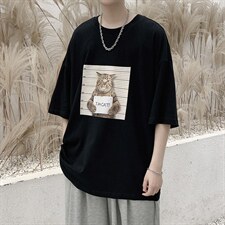 韩系素简卡通猫印花短袖T恤百搭大码宽松男潮517A-1-T916-P28控38，男装T恤，星座517A-1
