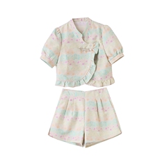 2025年新款木耳边新中式短裤套装女夏改良旗袍气质两件套，女装套装/套裙，橙子家