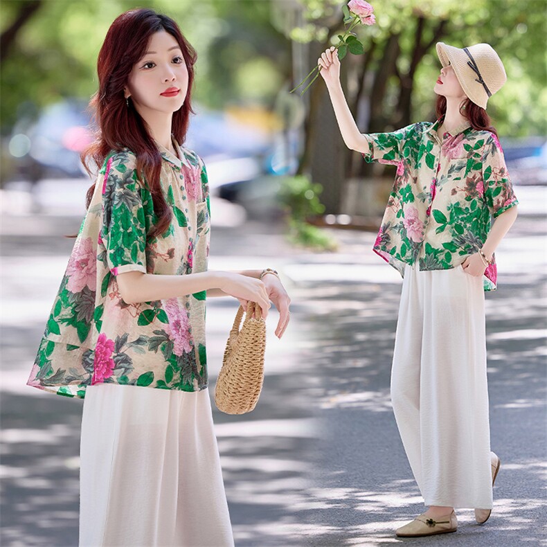 时尚翻领天丝棉麻短袖衬衫女2025夏新款宽松显瘦洋气印花衬衣小衫，女装套装/套裙，魅影