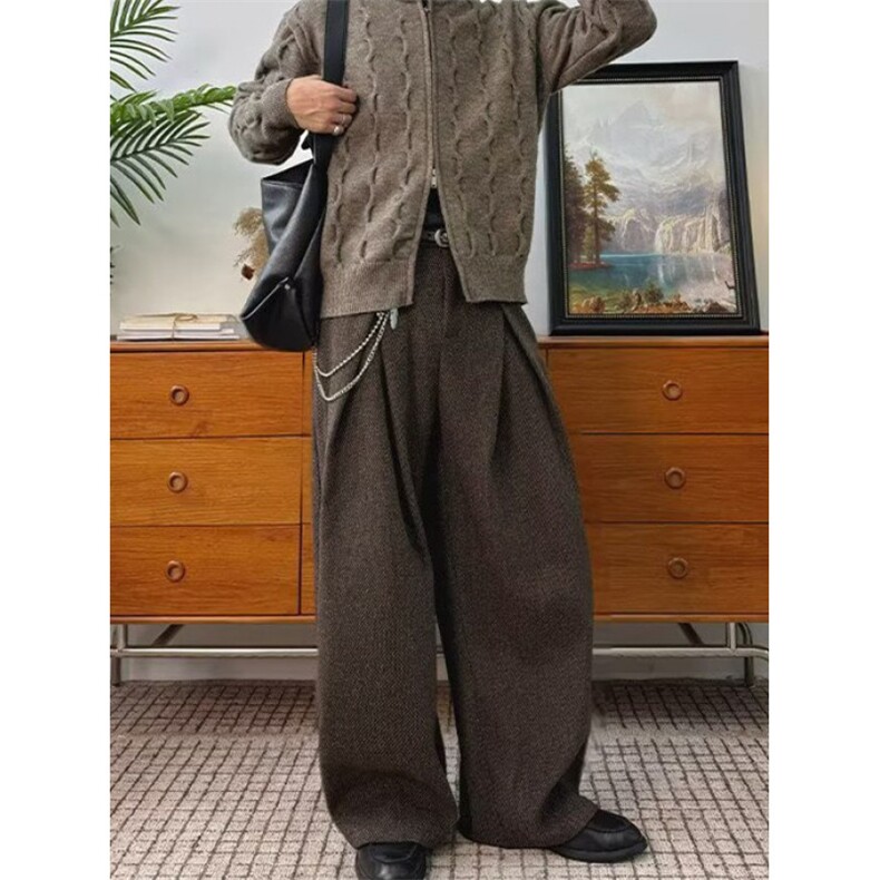 设计感打褶呢料休闲西裤男老钱风cleanfit宽松秋冬阔腿裤XH918,男装西裤,星座1116A（原606A-3）