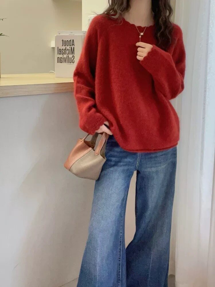 2026年秋季时尚百搭通勤简约休闲新年款花边卷边插肩袖，女装羊毛衫，圣旺供货