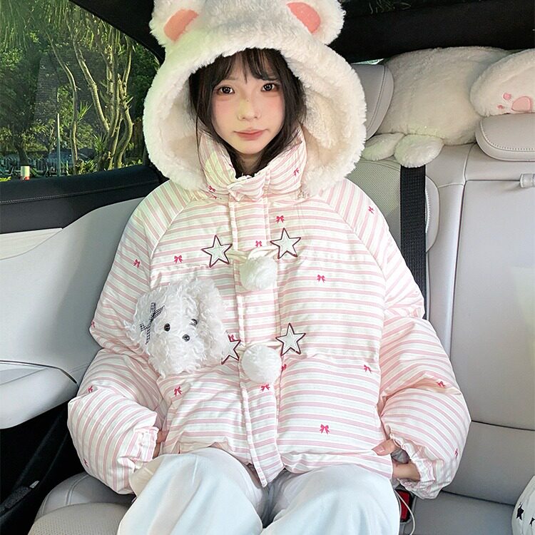 可爱条纹毛领连帽棉服外套女2025冬季新款保暖棉衣棉袄MF387-P102图片