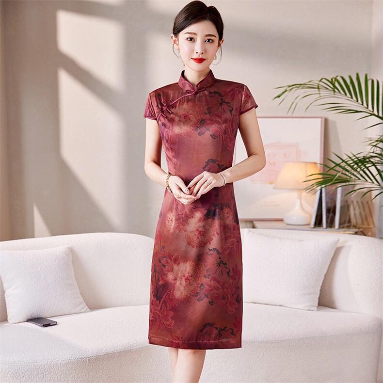 原创夏季新款桑蚕丝旗袍裙高档薄款亲肤透气中长款真丝女士连衣裙，女装汉服/婚纱/旗袍/礼服，媚琳依坊