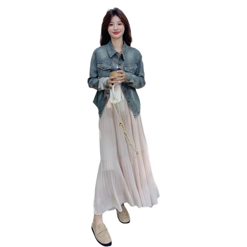 港风复古牛仔外套套装女2025秋季新款小众设计感高腰半身裙两件套,女装套装/套裙,2C168