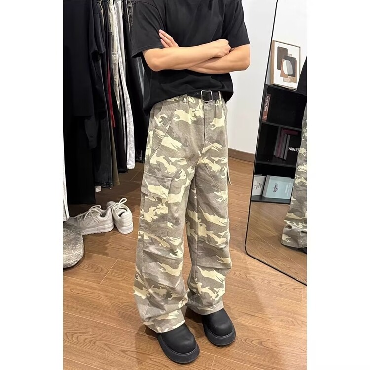 美式高街脏脏牛仔工装迷彩解构设计废土美学拖地裤K6047p58,男装休闲裤,电商D315A