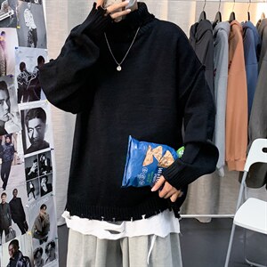 2021秋冬季嘻哈纯色高领破洞个性毛衣宽松翻领针织 现货 M023-P35图片
