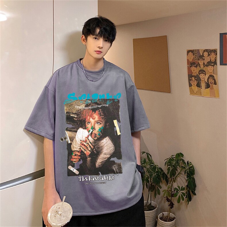 ！24夏季新款宽松大码港风人物涂鸦麂皮绒T恤TJ2365-特p19,男装T恤,星座508（原C305）