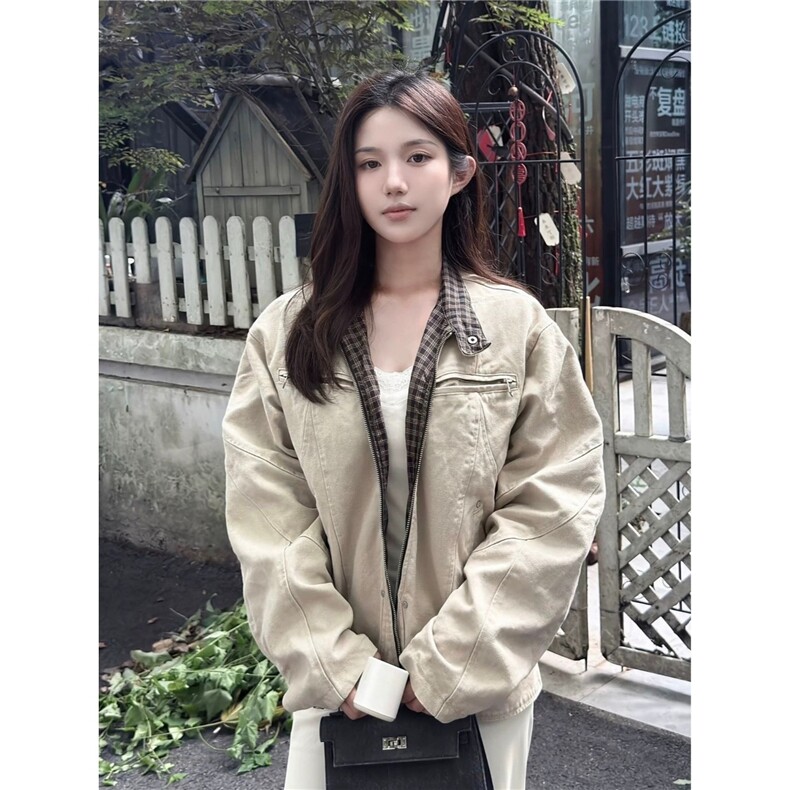 J526-P81潮流脏洗做旧拉链卫衣衫上衣米色宽松休闲女春秋季,男装卫衣,电商B323A