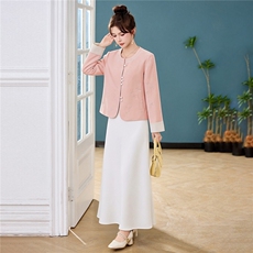 新中式G风套装女2026春新款优雅时尚复古盘扣刺绣文艺范两件套裙，女装套装/套裙，时尚俏佳人