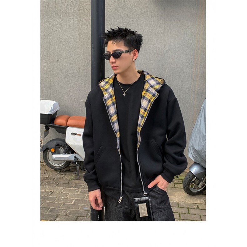 美式复古双面穿格子连帽外套男秋冬季宽松休闲保暖夹克帽衫潮,男装夹克,星座601-1