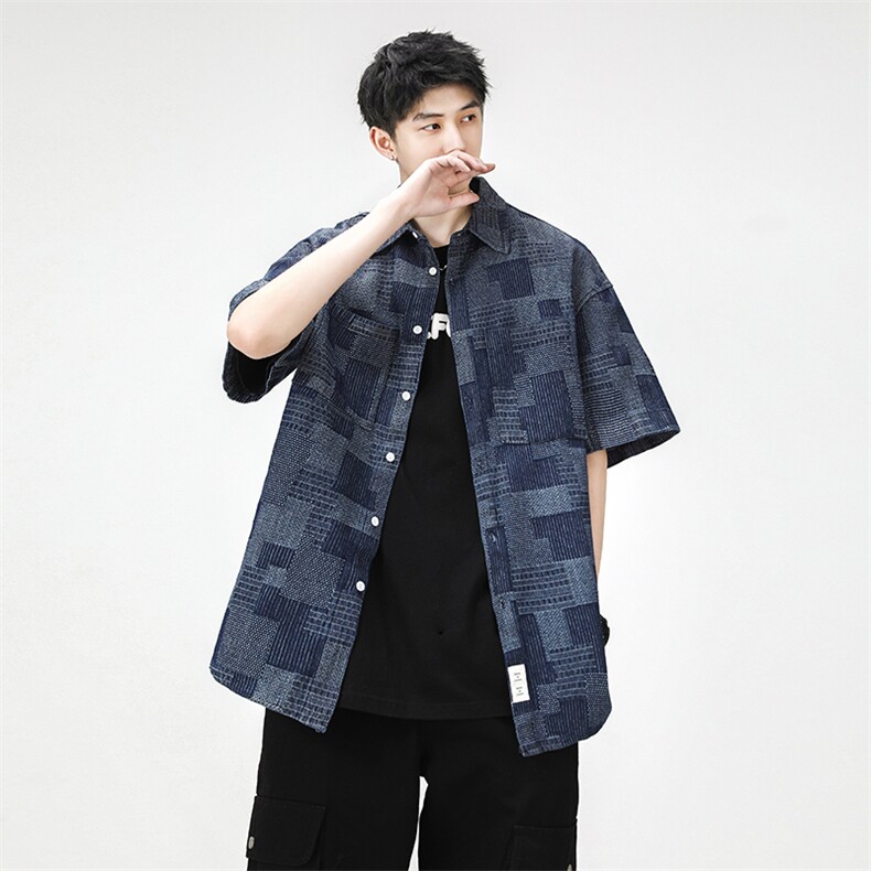 抖音品质夏季格子大码宽松牛仔衬衫复古短袖衬衣外套CS011-P50,男装衬衫,电商A042