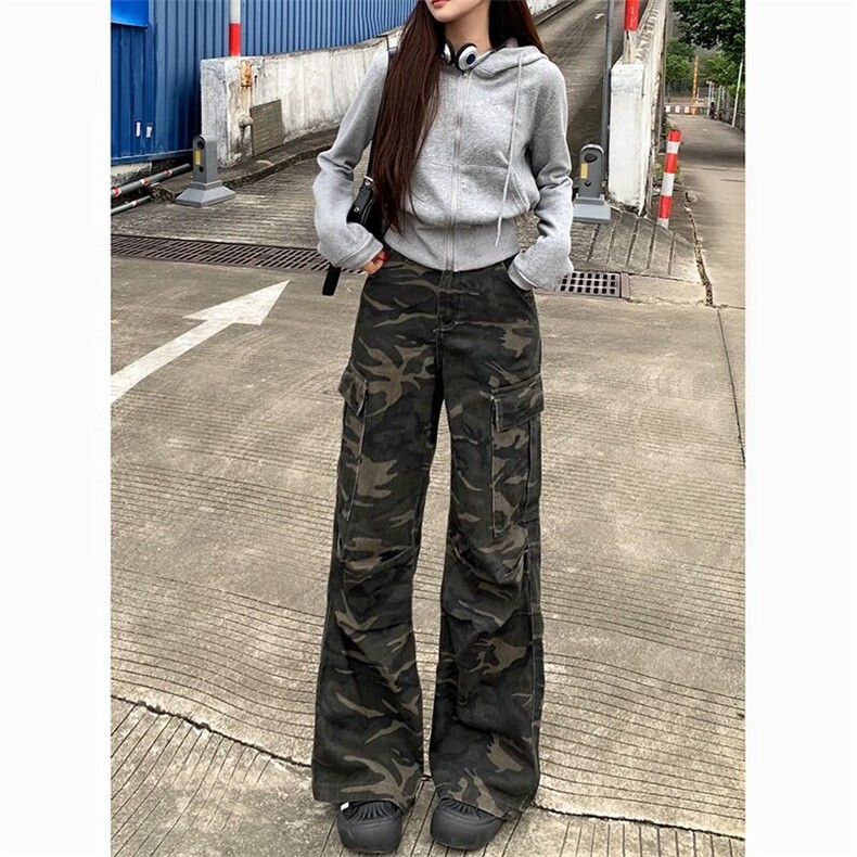网图现货美式宽松迷彩工装直筒微喇牛仔裤K0127/P55,女装牛仔裤,星座205-3