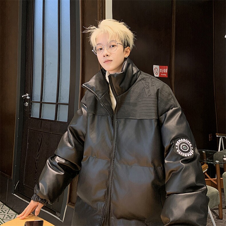 潮牌拼接PU皮保暖羽绒棉服男加厚外套M1605P100直播，男装棉衣，星座1904A-1