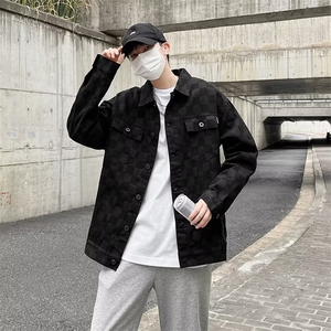 90%棉 10%聚酯纤维 男士格子休闲黑色牛仔外套夹克男JB51-P62图片