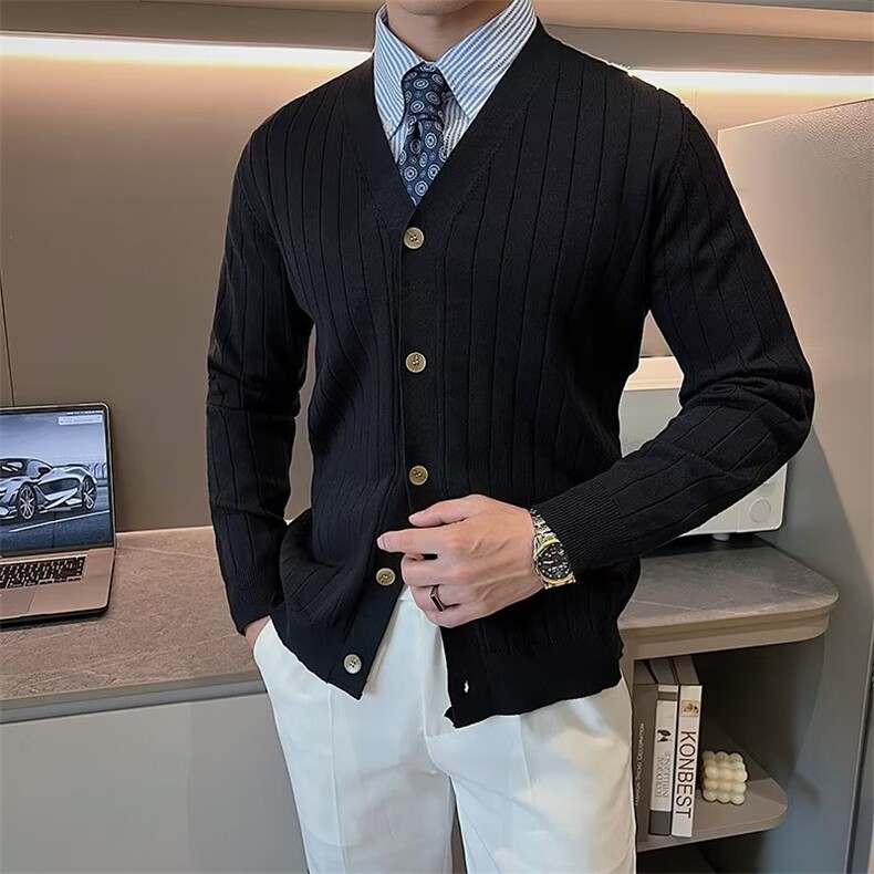 修身凹凸纽扣男开衫针织时尚简约条纹V领毛衣小外套潮M832,男装针织衫/毛衣,星座1116A-2（原606A-1）