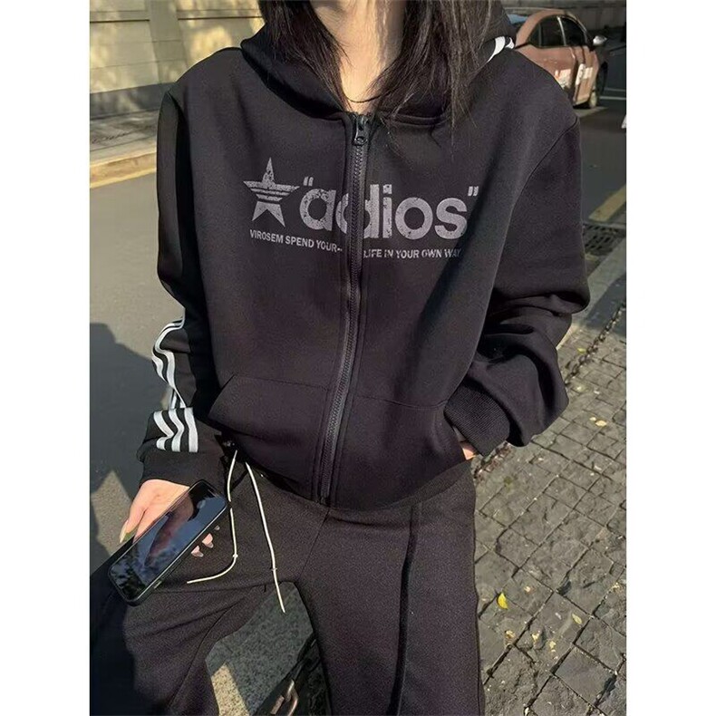 直筒型美式三条杠连帽黑色卫衣女春季开衫日常潮常规秋季青少年图片
