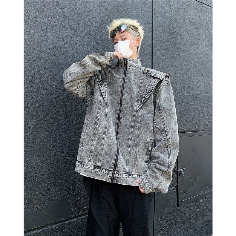 F516P75美式复古重工拼接短款牛仔外套潮牌欧美街头t机车，男装工装外套，星座512-6