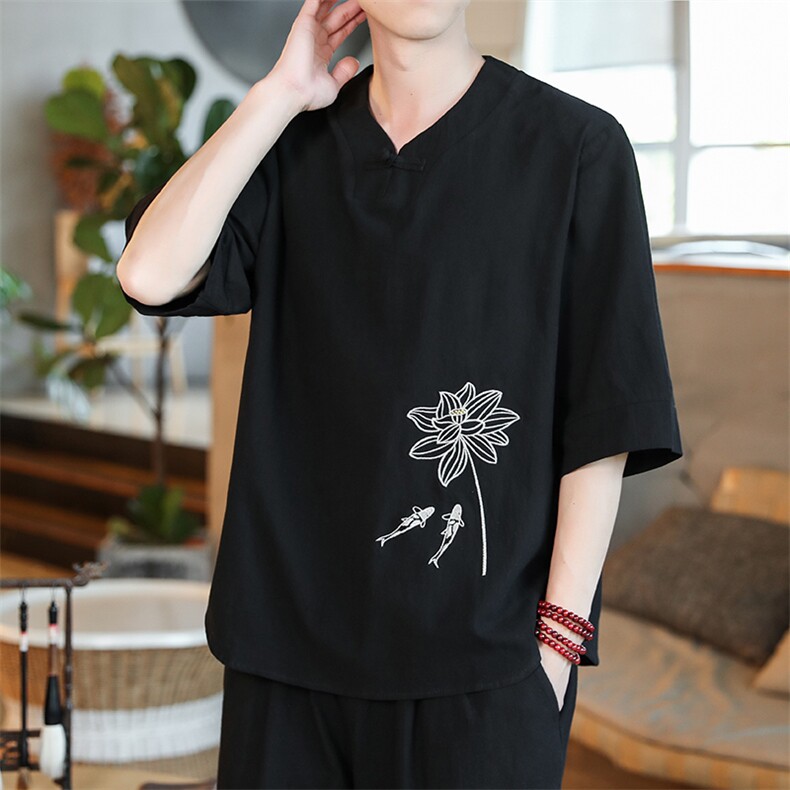 2022夏季新款盘扣荷花绣花短袖棉麻大码T恤B343-T2025,男装T恤,电商A021