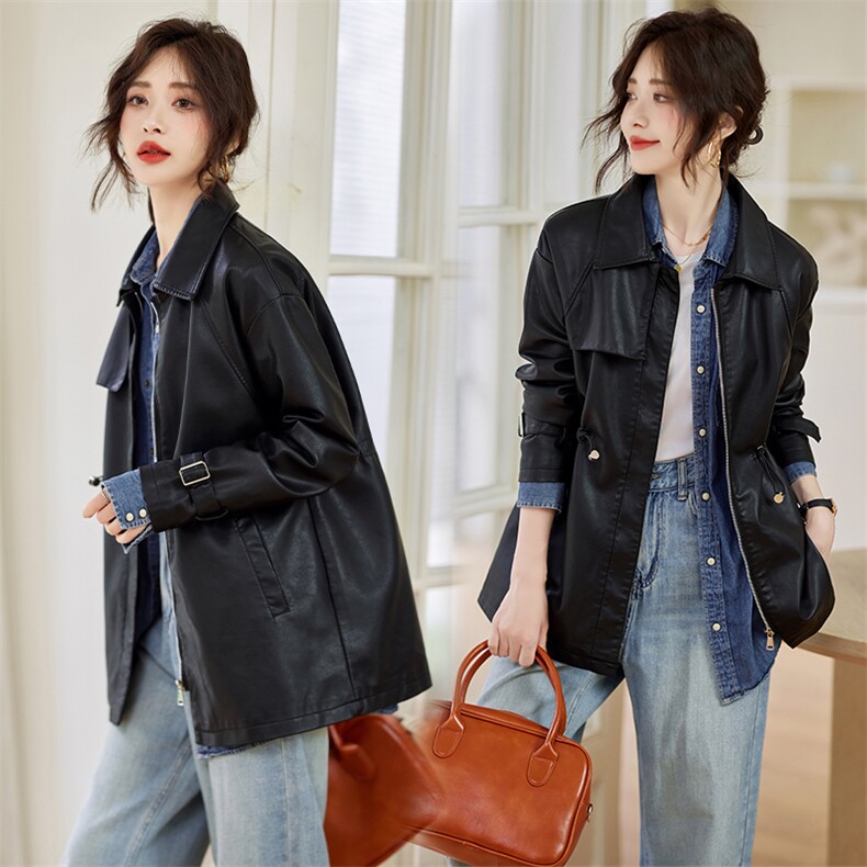 现货2024秋季女装新款港风时尚休闲腰节抽绳一手长皮衣外套图片