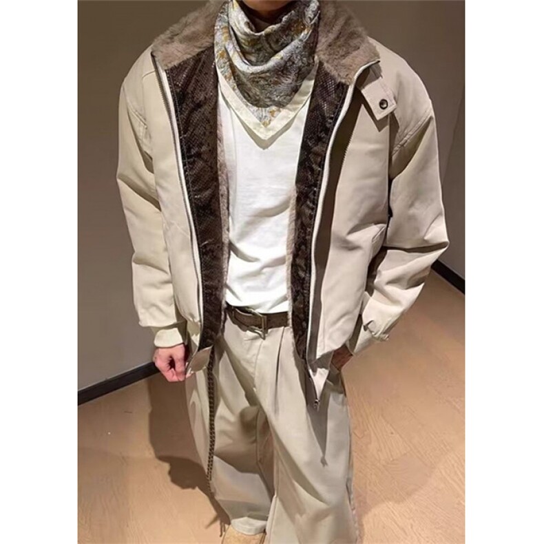 冬季美式拼蛇皮纹PU皮棉衣ing短款保暖夹克座山雕棉服男 MJ101图片