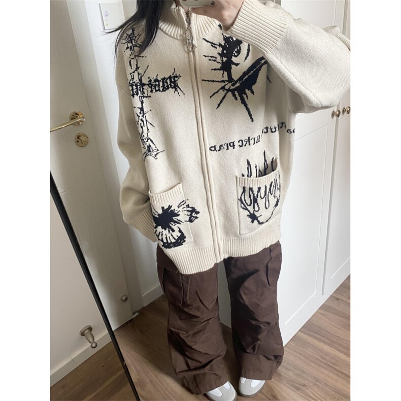 【有货】手稿印花开衫毛衣男宽松慵懒风针织衫外套MY133CC-P65图片