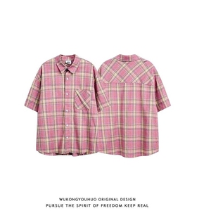 夏复古简约撞色格纹短袖衬衫男女宽松休闲防晒衬衣外套LS7009 P36图片