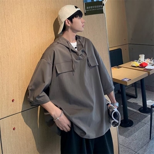 C450-P33 2024夏季新款日系潮牌宽松上衣连帽冰丝短袖衬衫男 现货图片