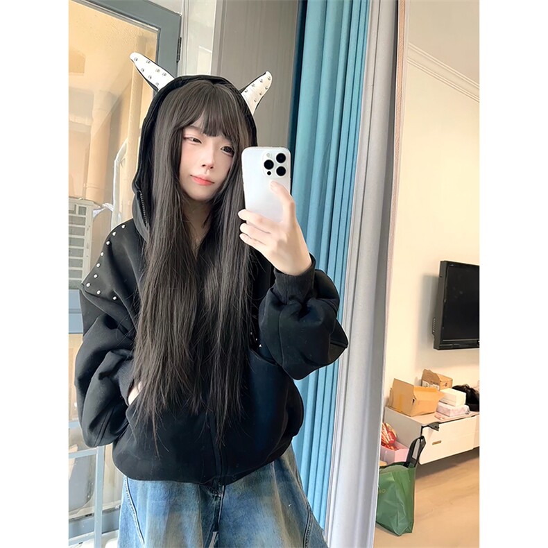 抖音得物高品质26春装美式高街铆钉杜宾犬耳朵开衫卫衣外套W125,女装短外套,电商A486-1